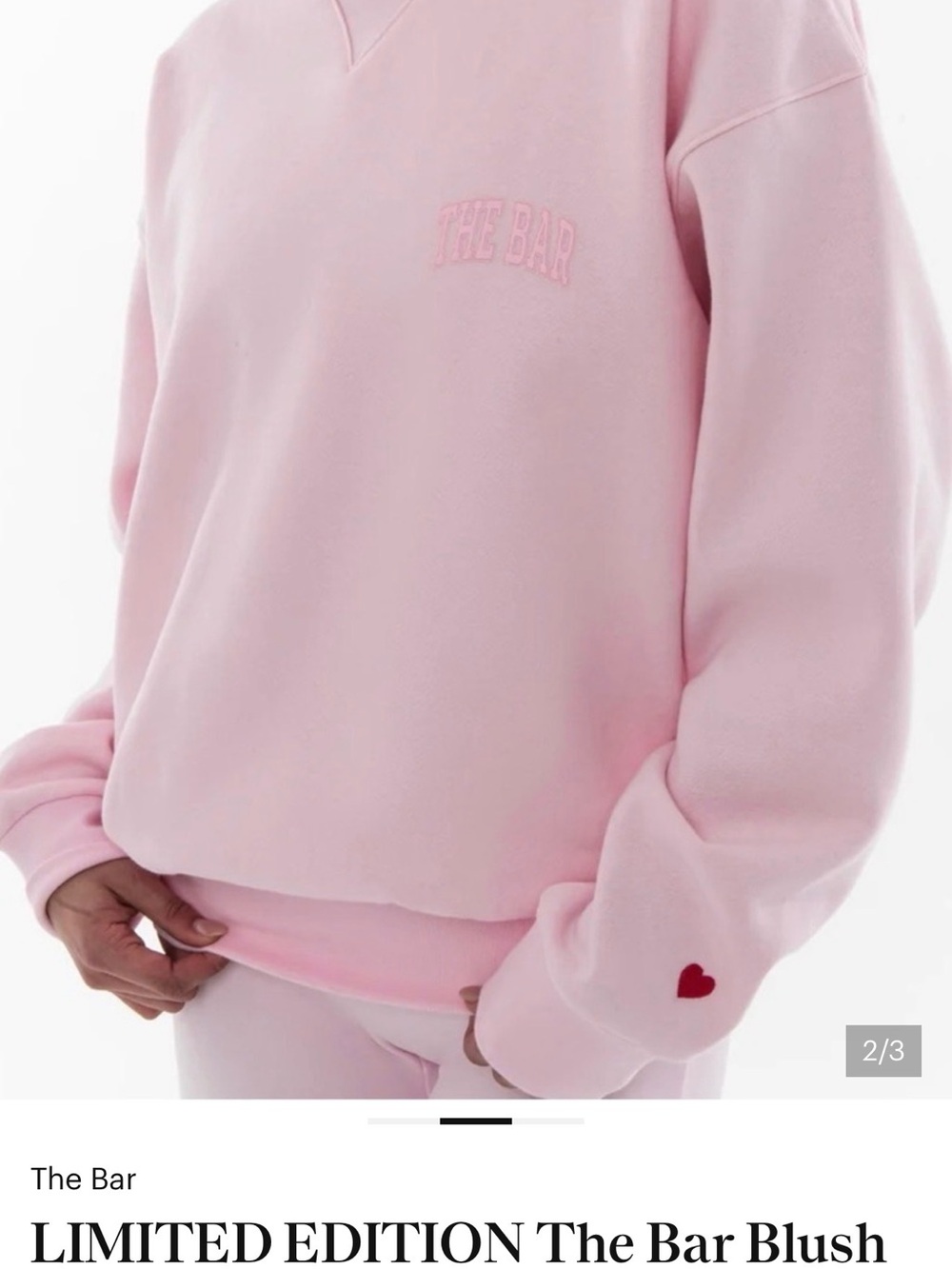 The Bar Blush Pink Crew Sweatshirt with Heart Sleeve Detail